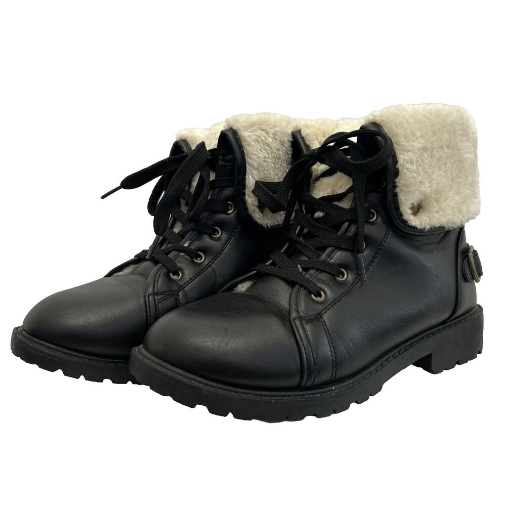 Olivia Miller Women’s Winter Boots shoes Color Black Size 7 Faux Fur Combat Lac